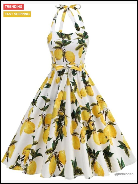 Dresses & Skirts - Women's 1950s Retro Halter Belted Midi Swing Dress with Side Pockets